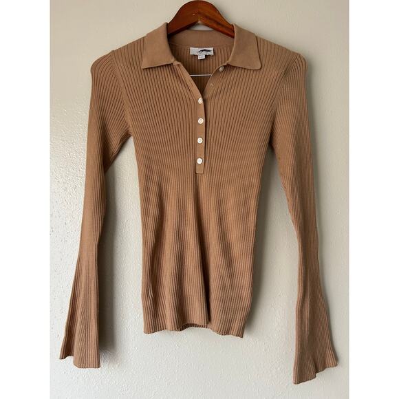 LOFT Tan Collared Ribbed Long Sleeve Top Size XS - Picture 1 of 8